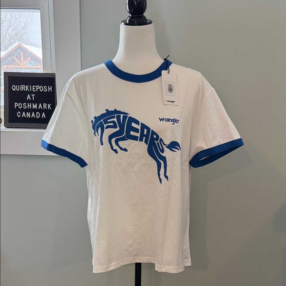 Wrangler White Tee with Blue Horse Graphic Quality Cotton NWT Western Wear